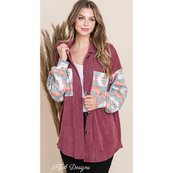 ❤️LAST! Wine Aztec Contrast Plush Oversized Button Up Jacket! - Picture 5 of 11